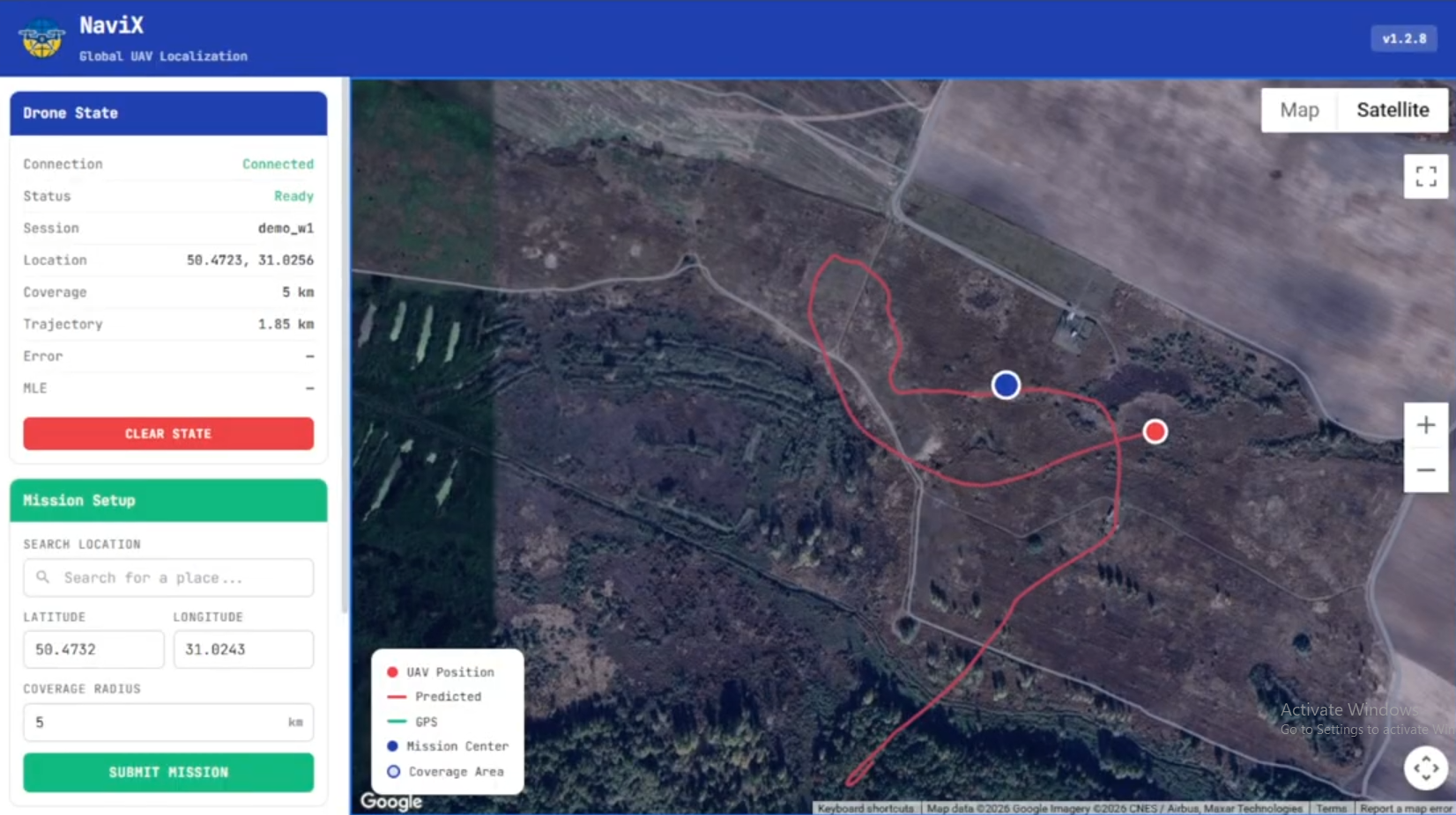 NaviX mission interface — trajectory prediction on satellite map